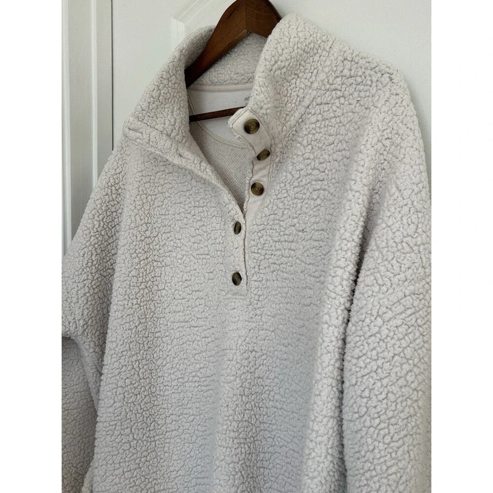 Aerie Womens Sweater Extra Large Sherpa Cozy Quarter Button Pullover Cream Teddy - Picture 3 of 11